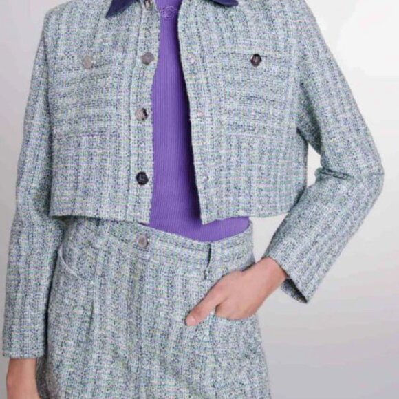 Maje Blue Tweed Cropped Jacket - Size 42, L-XL - Picture 3 of 5